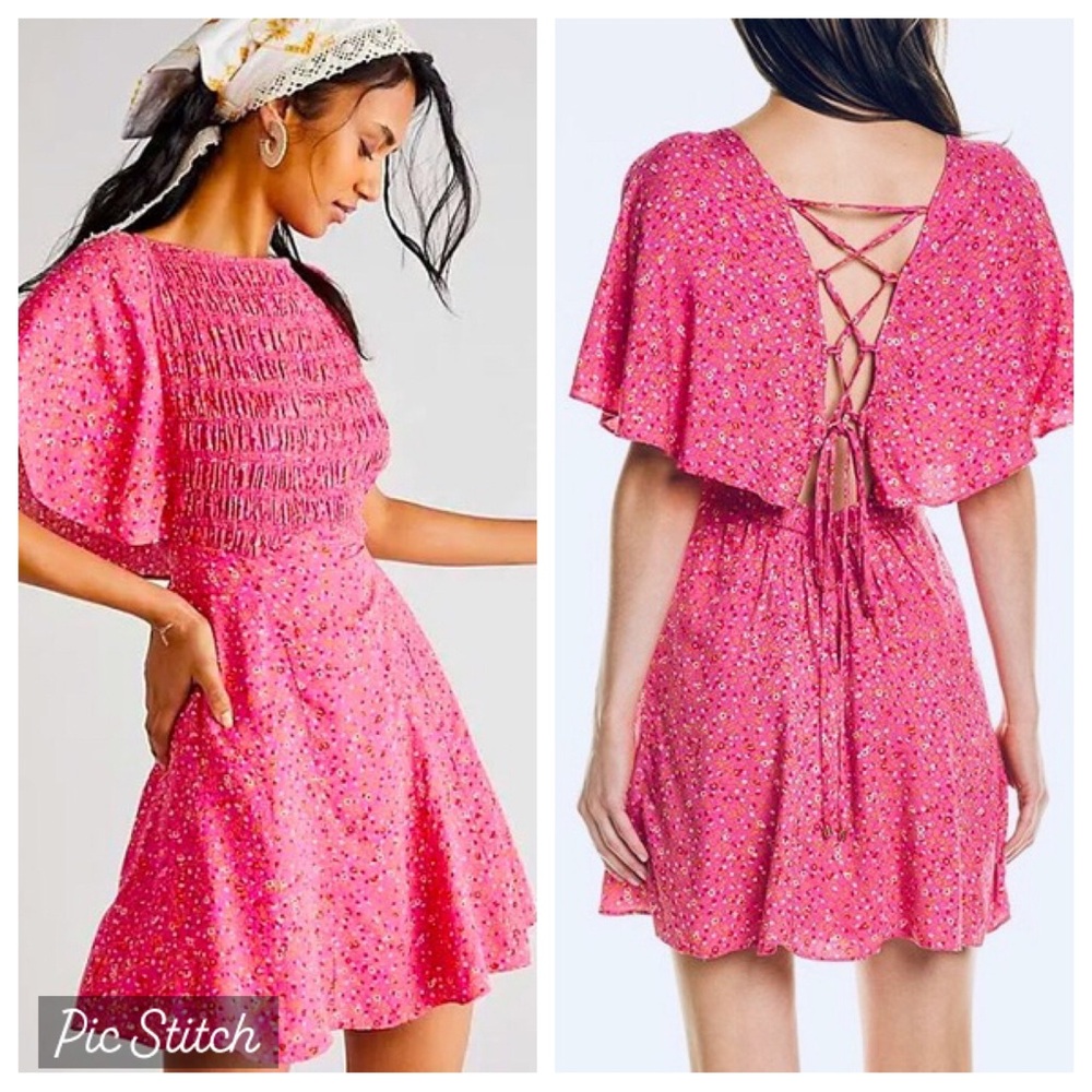 Free People Florence Pink Floral Women's Dress with Lace up Back